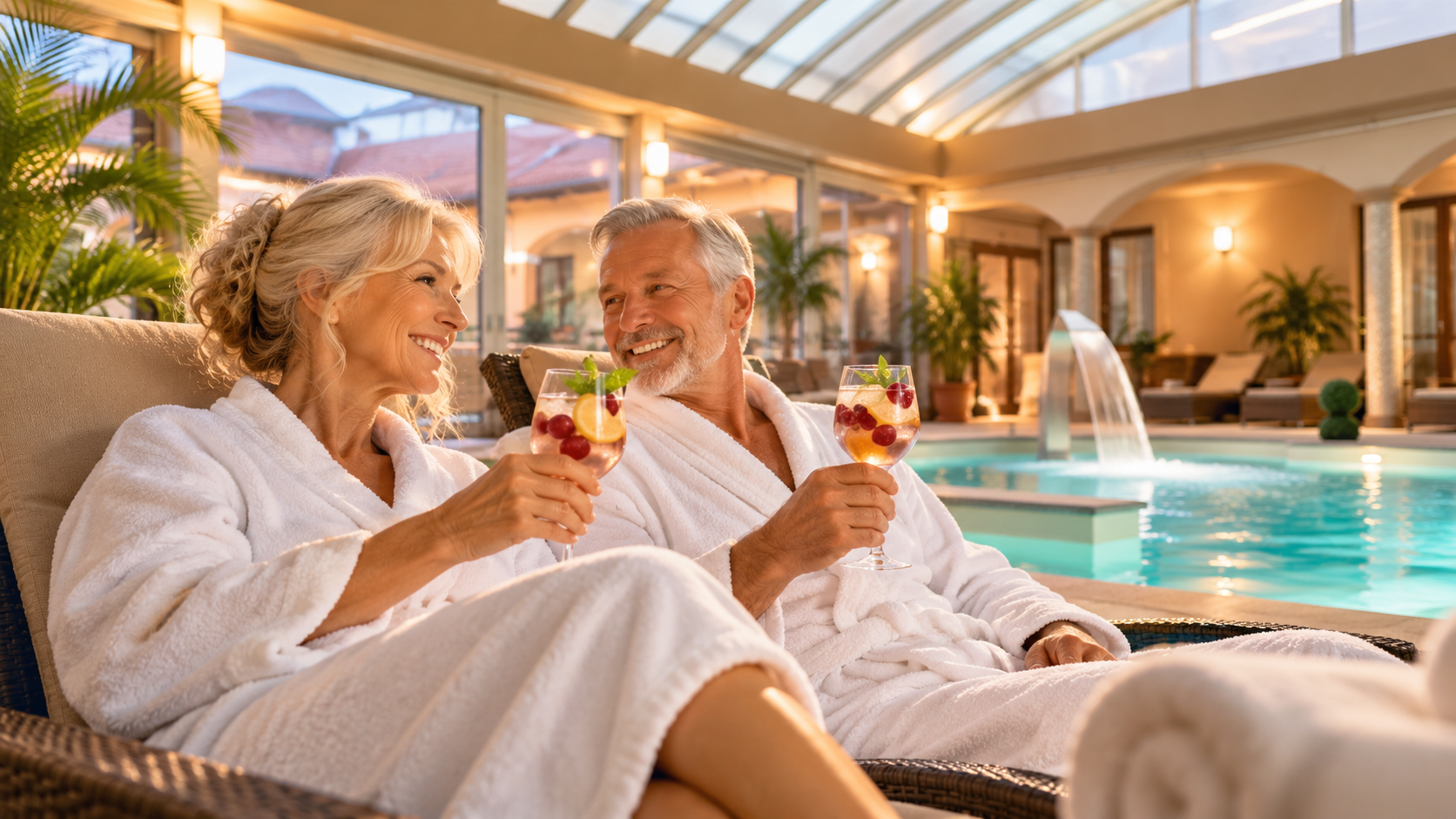 Senior pár koccint a Vinum Hotel wellnessmedencéjénél